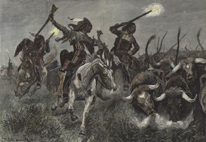 Nordamerikanske indianere kjører storfe inn på en ranch